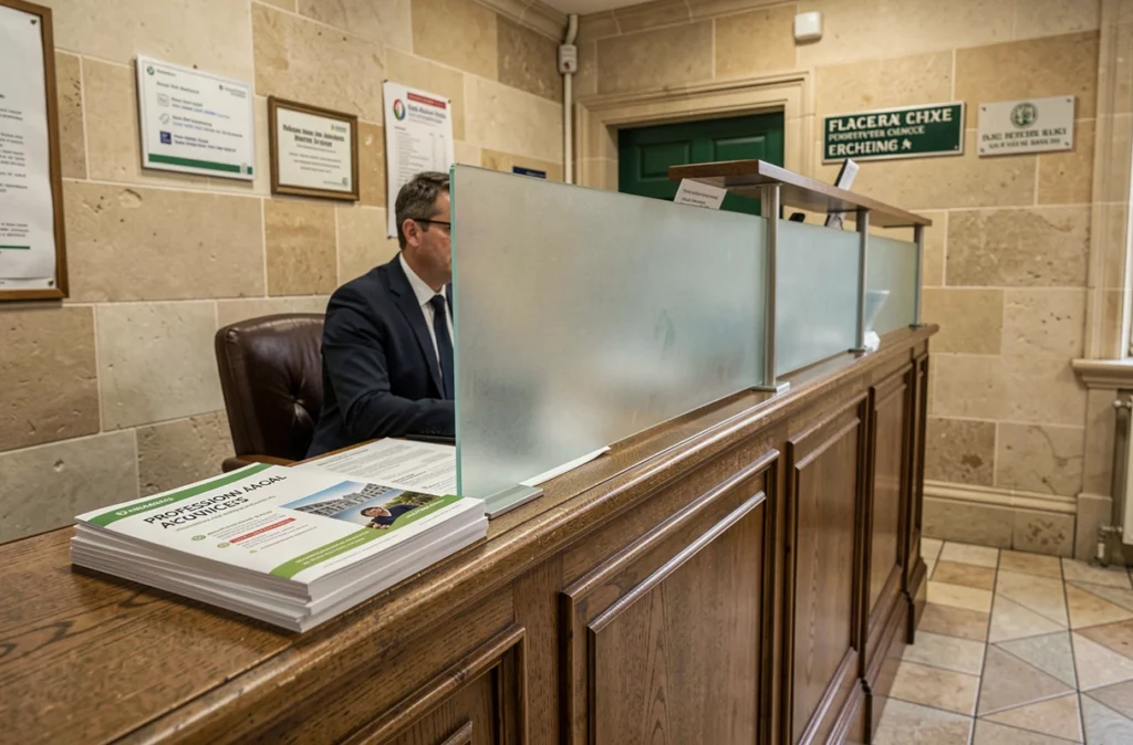 Agence bancaire Caisse d'Epargne avec comptoir de services professionnels et conseiller en arrière-plan
