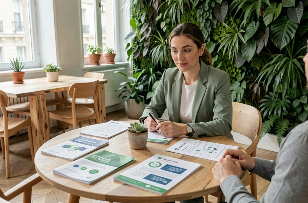 Conseillère d'Agora Finance discutant d'une stratégie patrimoniale durable et ESG avec un client dans un bureau éco-responsable à Paris