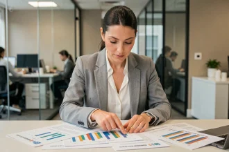 Femme analyste en bureau moderne examinant des graphiques de taux d'évolution sur des documents imprimés