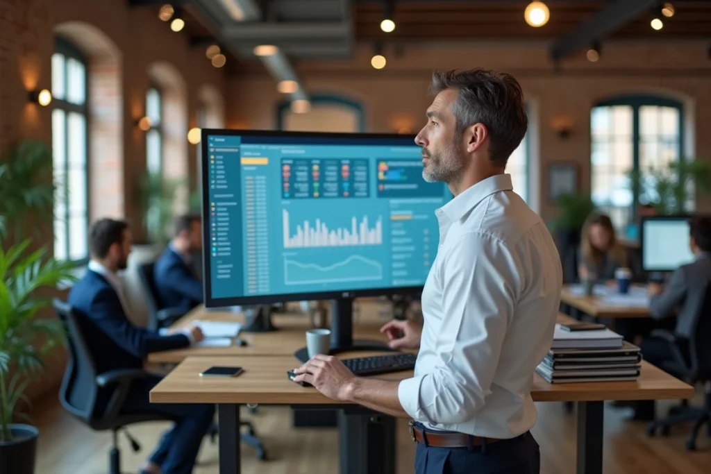 Analyste financier masculin consultant un tableau de bord de portefeuille de crédit sur écran dans un bureau européen moderne en open-space