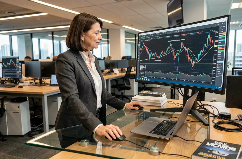 Analyste financière debout devant des graphiques de cassures Forex dans un espace de trading professionnel