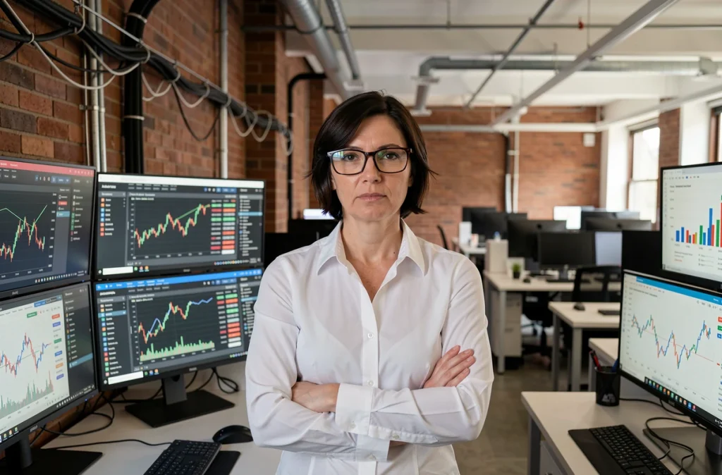Analyste fintech surveillant des tableaux de bord de plateformes d'échange soumises à la régulation européenne