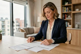 Femme consultant des documents fiscaux dans un appartement meublé moderne en 2024