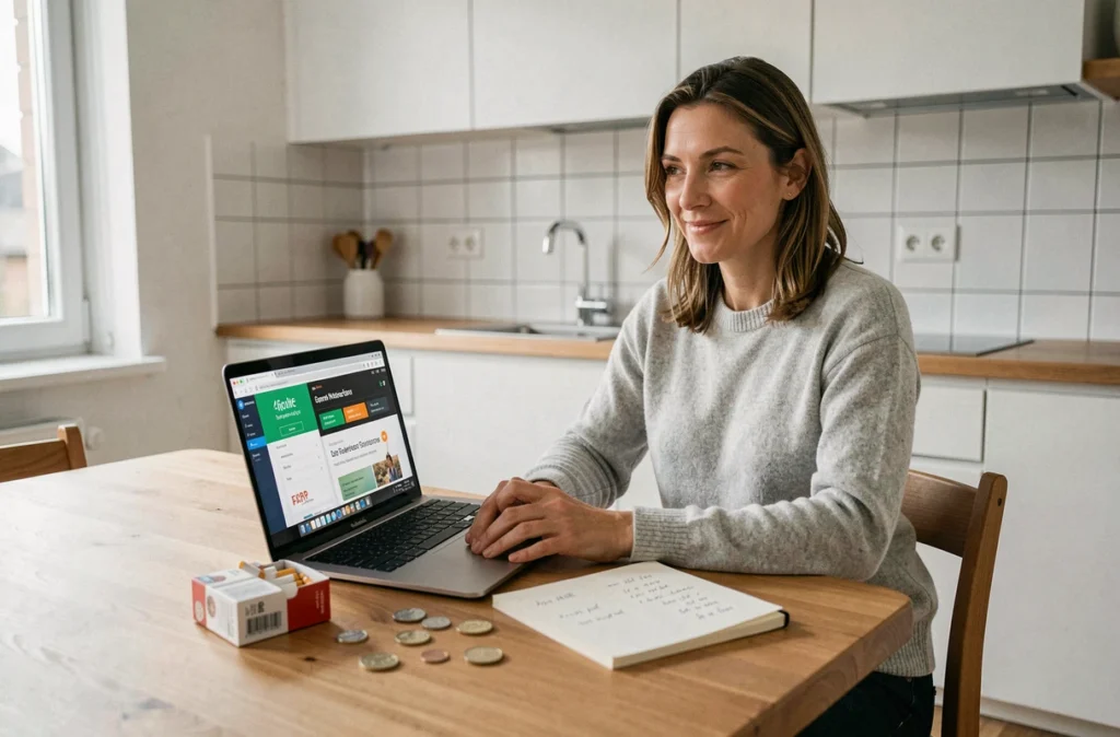 Femme calculant son budget tabac avec des euros et francs suisses sur une table, comparant le taux de change en ligne