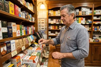 Buraliste espagnol présentant des paquets de cigarettes avec étiquettes de prix en euros dans un estanco traditionnel