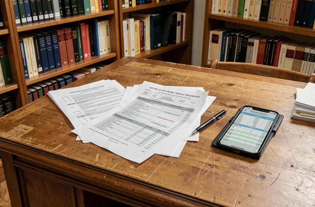 Bureau parlementaire avec documents financiers et agenda politique, symbolisant la question de cohérence entre fortune et discours politique