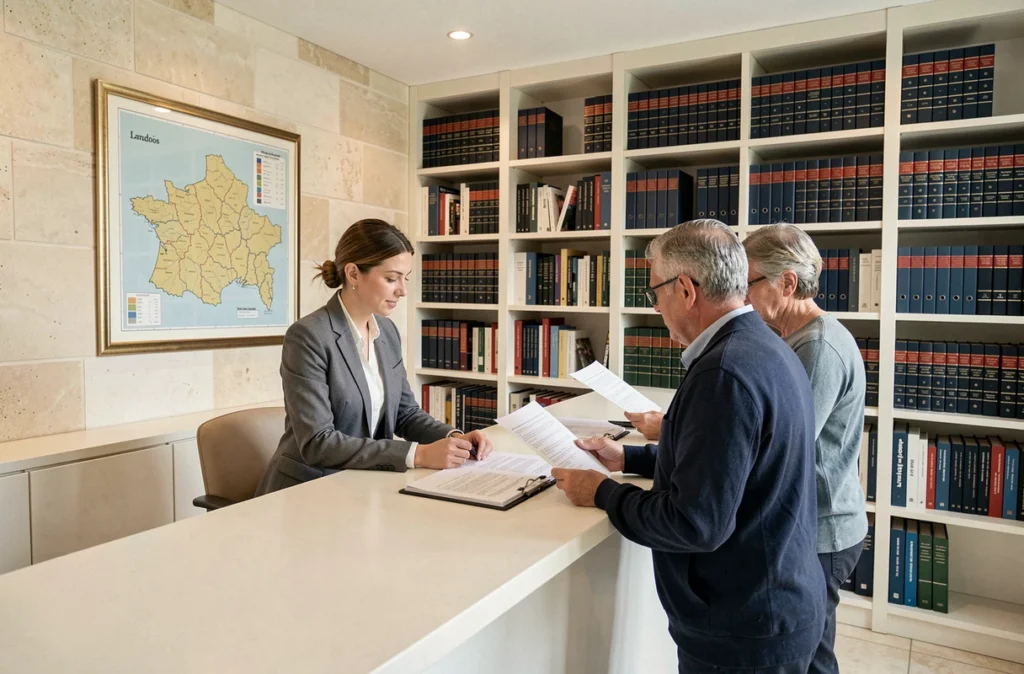 Une assistante notariale en blazer gris aide un couple à examiner des documents immobiliers dans un office notarial moderne à Caen