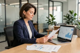 Femme d'affaires comparant les services d'une banque professionnelle traditionnelle et d'une néobanque sur son ordinateur