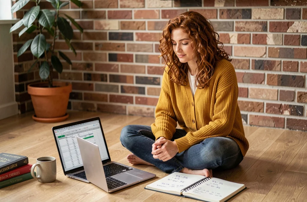 Jeune femme calculant un taux d'évolution à domicile avec ordinateur portable et cahier de notes manuscrites