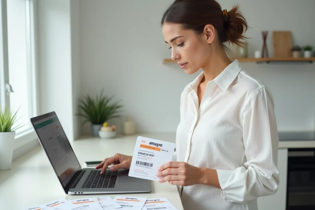 Jeune femme examinant plusieurs chèques Cadhoc étalés sur un bureau à côté d'un ordinateur ouvert sur Amazon pour optimiser leur utilisation
