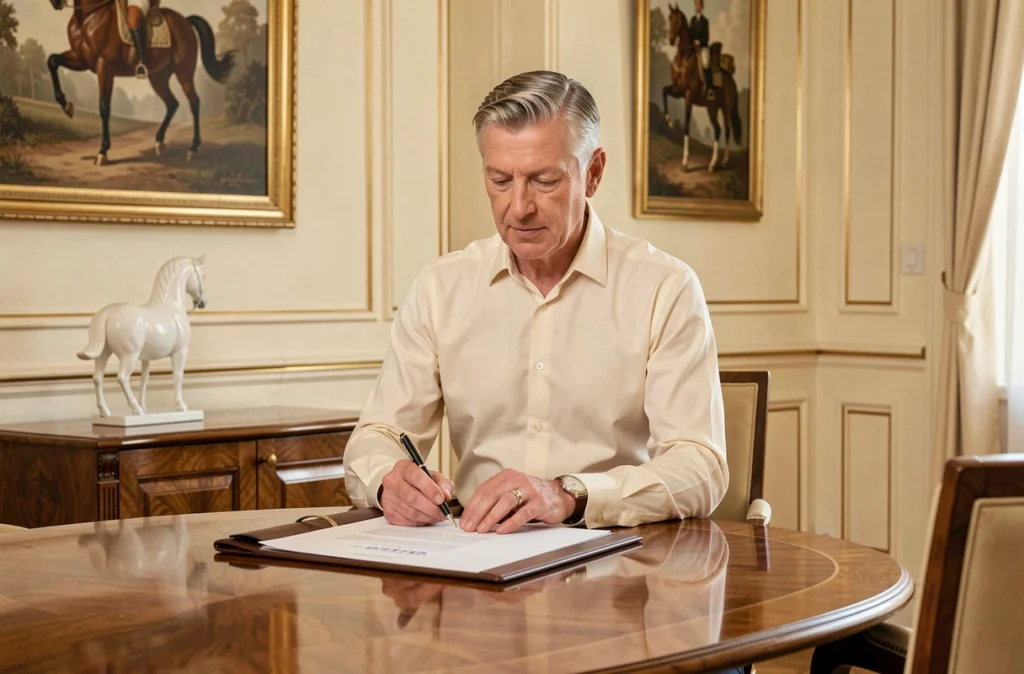 Gestionnaire de patrimoine de Cheval Blanc Patrimoine consultant un dossier client dans un bureau parisien luxueux orné d'œuvres équestres et d'accents dorés