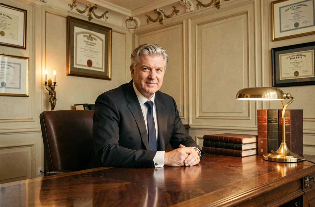 Conseiller de Chevalier Immobilier dans un bureau parisien classique au décor somptueux évoquant le prestige de l'immobilier haut de gamme