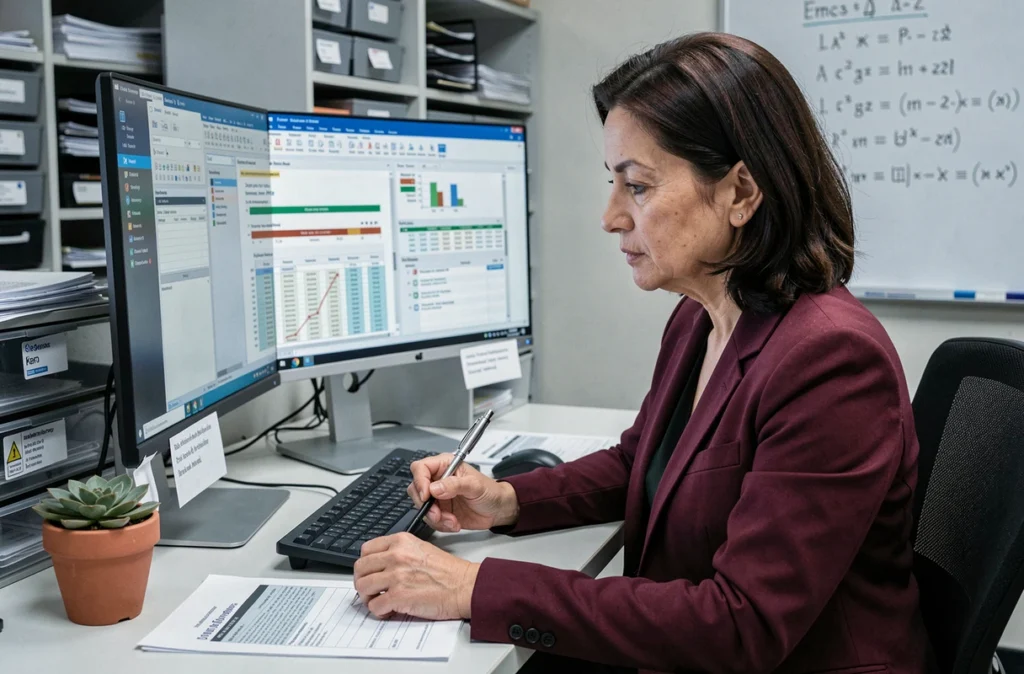Analyste de Cimea Patrimoine travaillant sur un logiciel de simulation fiscale dans un bureau professionnel