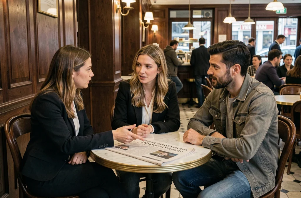 Groupe de citoyens discutant politique autour d'un journal dans un café parisien, évoquant le débat public sur la fortune d'un élu