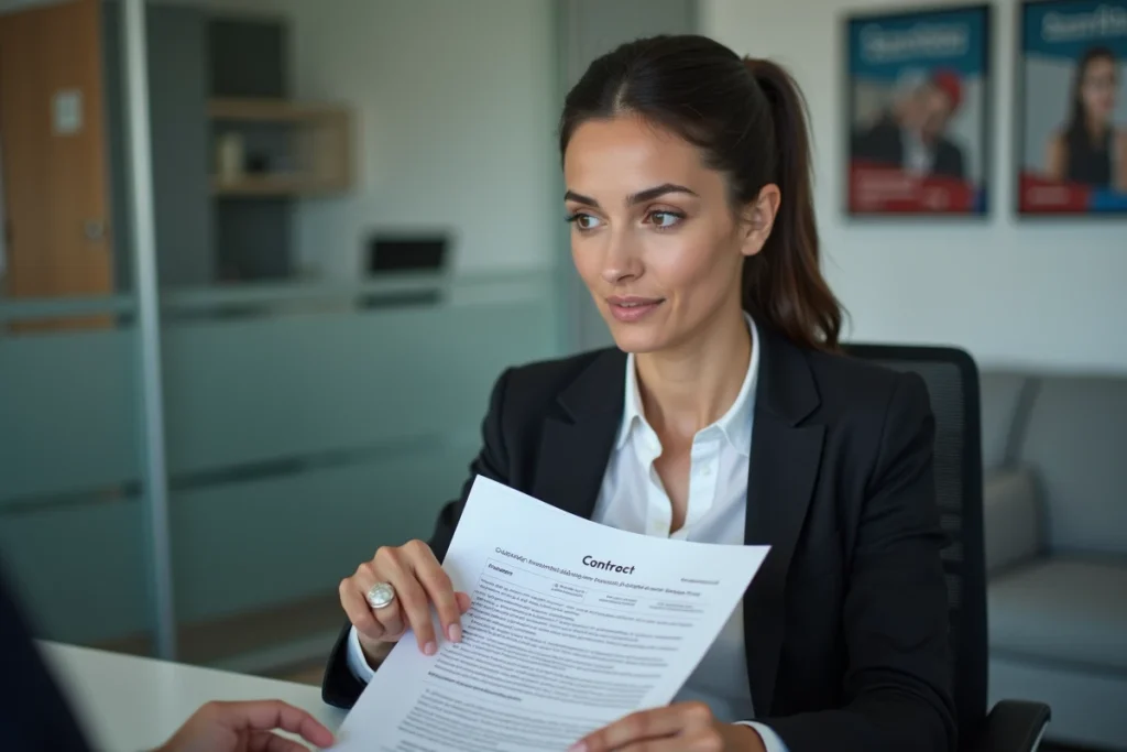 Une cliente interrogeant un conseiller en assurance sur la fiabilité et les conditions d'un contrat Avivasigorta en agence