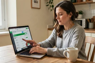 Femme consultant une cagnotte en ligne sur son ordinateur portable à la maison pour clôturer et distribuer les fonds collectés