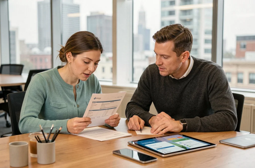 Deux collègues analysant des relevés bancaires et les conditions de virements instantanés LCL sur tablette dans un bureau moderne