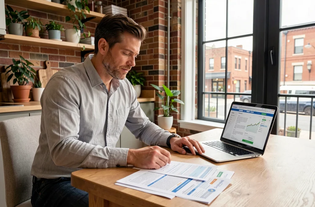 Homme comparant des offres d'assurance emprunteur alternatives sur ordinateur et documents papier dans un appartement moderne