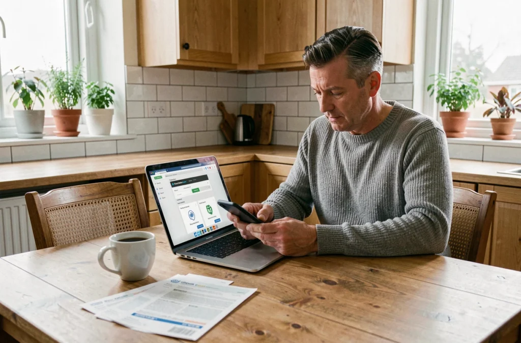 Homme comparant des offres bancaires en ligne depuis son domicile pour trouver le meilleur taux d'intérêt