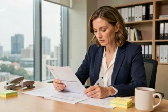 Comptable femme analysant des documents financiers pour le bilan comptable 2026 dans un bureau moderne