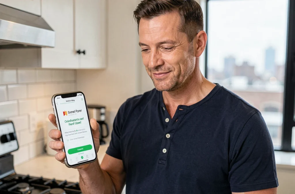 Homme vérifiant la confirmation de clôture d'une cagnotte en ligne sur son smartphone dans sa cuisine