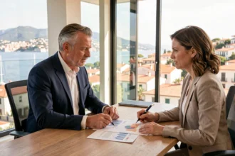 Conseiller en gestion de patrimoine discutant d'une stratégie financière avec une cliente dans un bureau moderne des Alpes-Maritimes