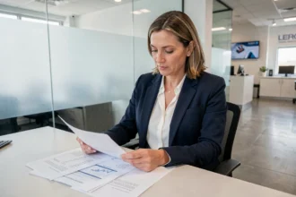 Conseillère bancaire analysant des documents financiers dans une agence moderne pour optimiser le taux d'un client