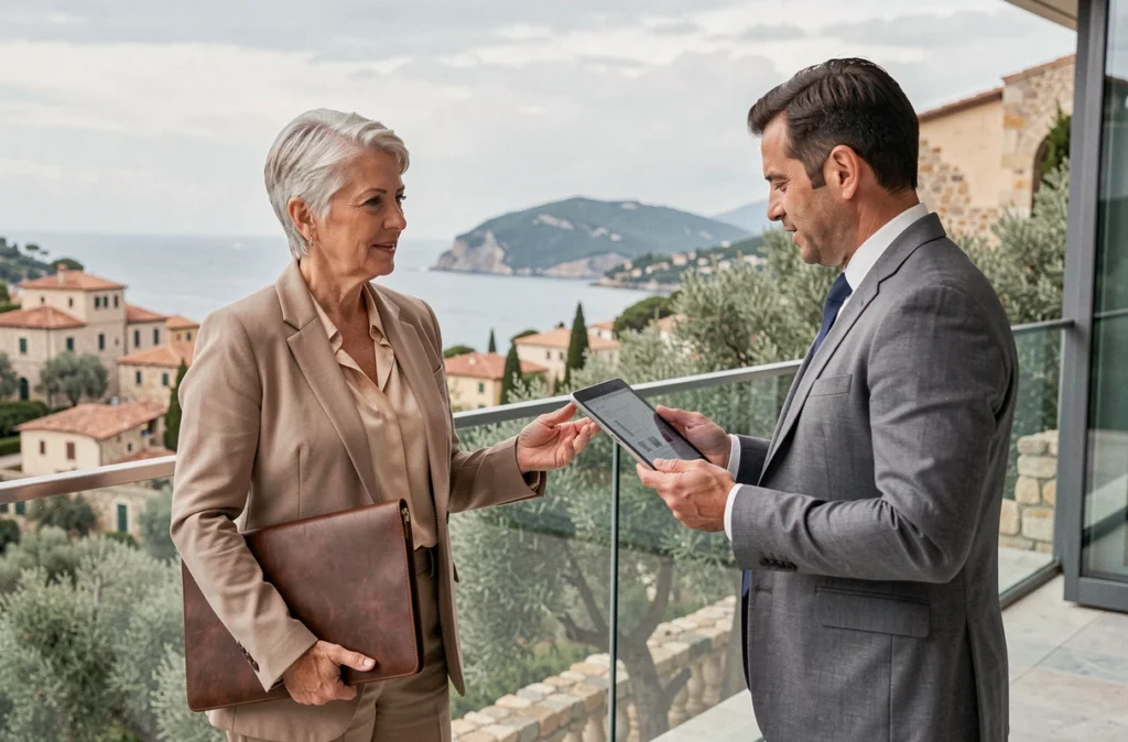 Conseillère patrimoniale et son client sur une terrasse avec vue sur la Côte d'Azur près de Nice