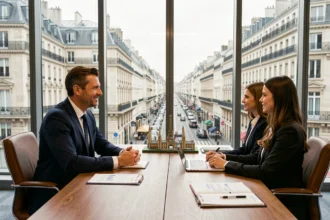 Conseiller en gestion de patrimoine en réunion avec des clients dans un bureau parisien moderne avec vue sur les toits haussmanniens