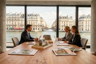 Conseiller en investissement locatif présentant des opportunités immobilières à Paris à un couple dans un bureau moderne avec vue sur les toits haussmanniens