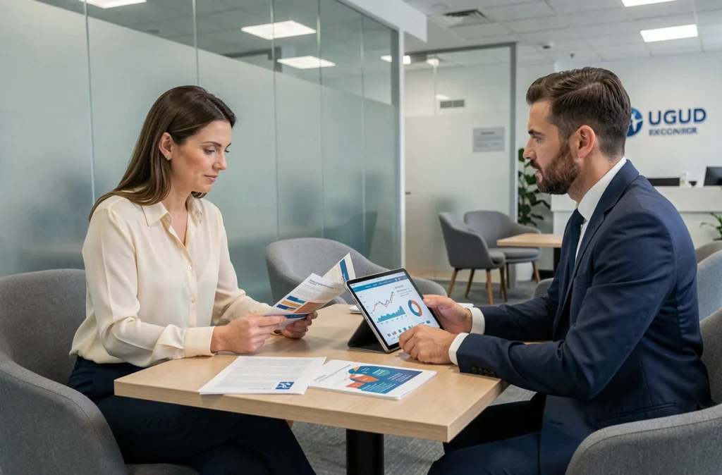 Femme consultant un conseiller financier pour comparer des alternatives à l'assurance vie de la Banque Postale