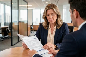 Femme consultant un contrat d'assurance emprunteur alternatif avec un conseiller financier dans une agence bancaire moderne