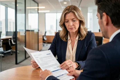 Femme consultant un contrat d'assurance emprunteur alternatif avec un conseiller financier dans une agence bancaire moderne