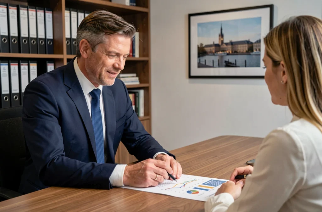 Conseiller du cabinet Corneille Patrimoine présentant une stratégie de défiscalisation à un couple de clients à Nantes
