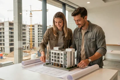 Couple examinant une maquette immobilière et des plans d'architecte dans le showroom d'un promoteur pour un achat en VEFA