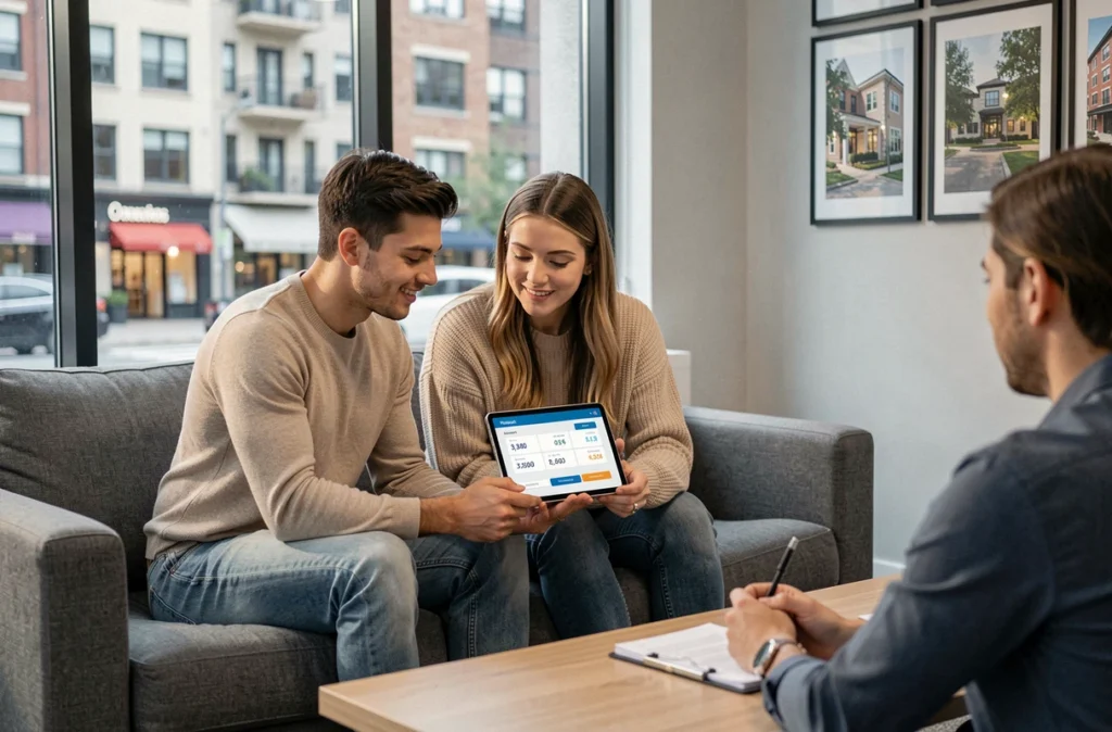 Couple en consultation avec un courtier pour comparer les taux bancaires et maximiser leur pouvoir d'achat immobilier