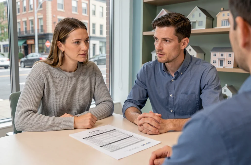 Couple consultant les frais de notaire lors d'un achat immobilier dans l'ancien auprès d'un conseiller