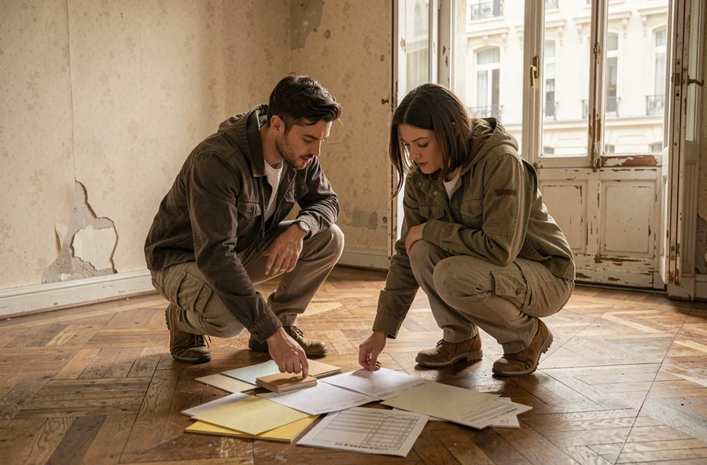 Couple d'investisseurs étudiant des échantillons de matériaux et devis dans un appartement ancien vide à rénover