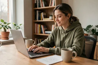 Jeune femme souriante devant son ordinateur portable, prenant ses premiers gains sur une plateforme de micro-tâches depuis son bureau à domicile