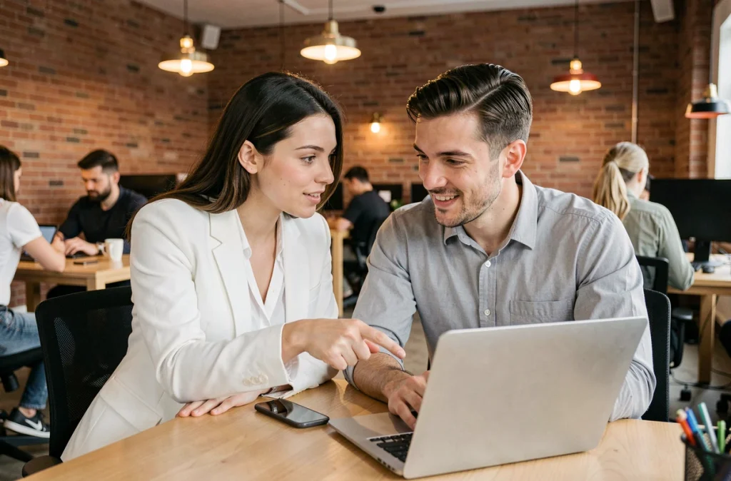 Deux collègues en espace de coworking découvrant ensemble comment démarrer sur swagbugs et maximiser leurs premières récompenses en ligne