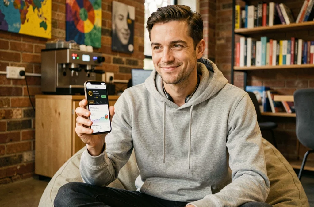 Un développeur français reçoit une notification de paiement en cryptomonnaie sur son smartphone dans les locaux d'une startup parisienne