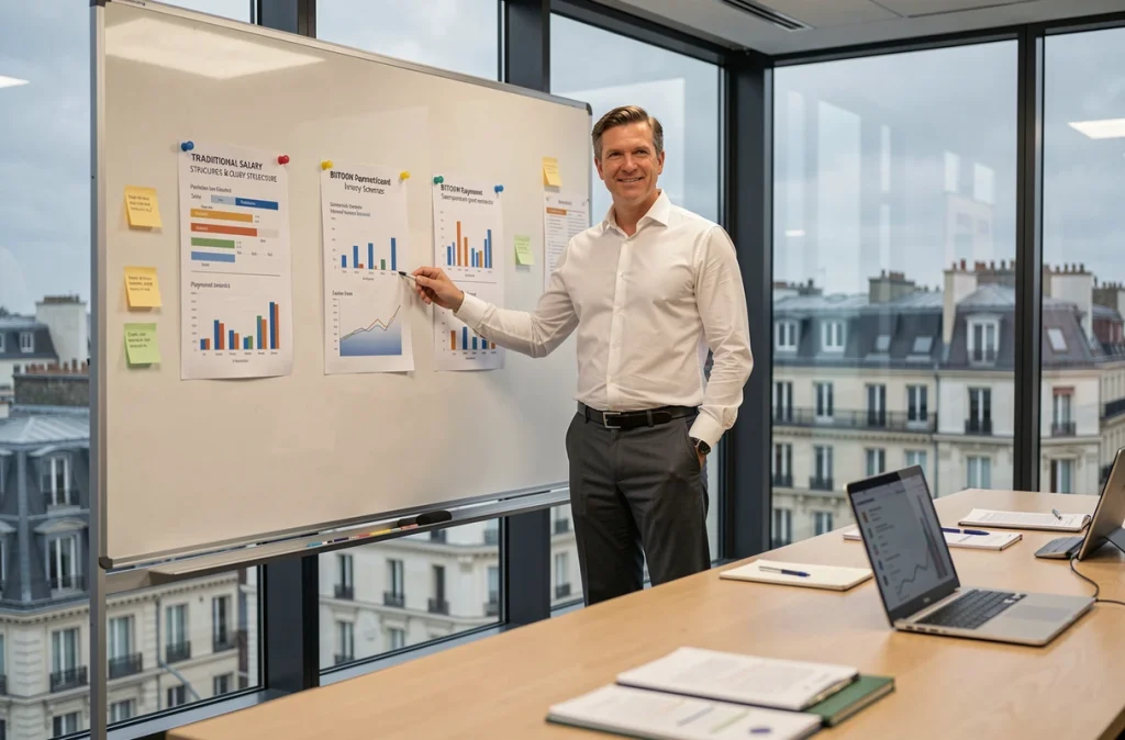 Un directeur RH présente une comparaison entre salaire traditionnel et paiement en Bitcoin lors d'une réunion d'entreprise française