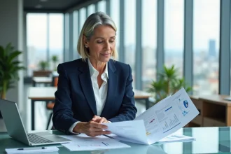 Directrice financière européenne analysant des documents de gestion du crédit et des tableaux de cash-flow dans un bureau moderne