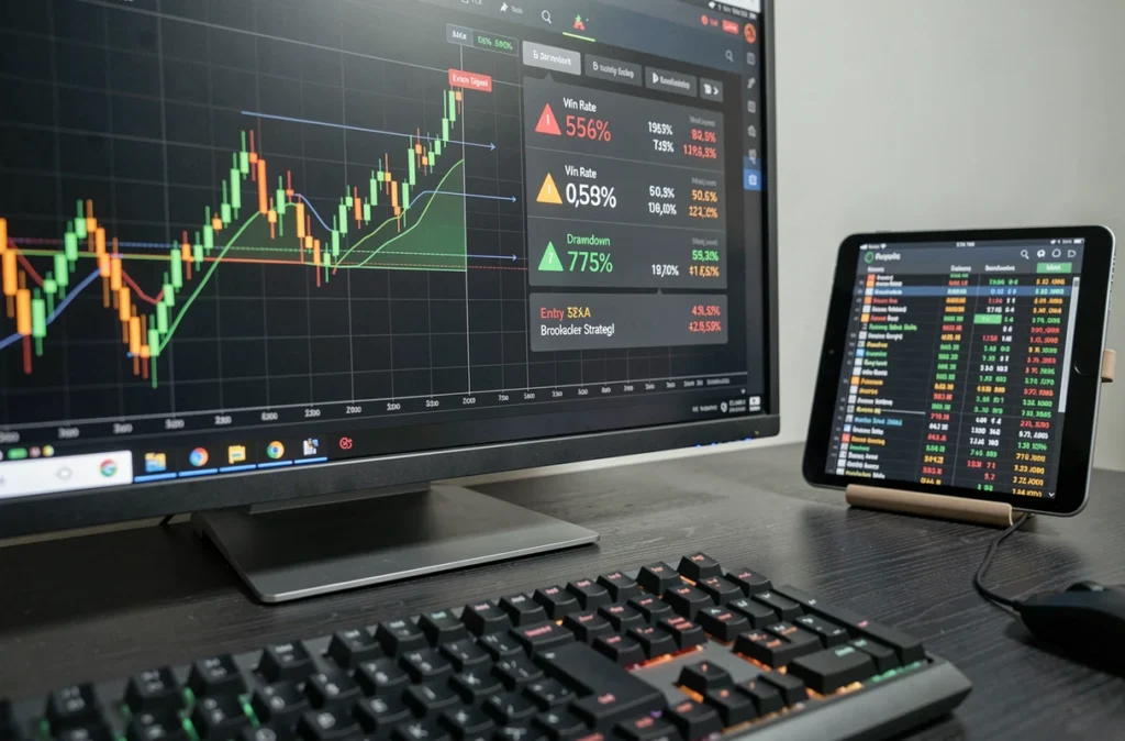 Écran de trading affichant une stratégie de cassure automatisée avec signaux d'entrée et de sortie