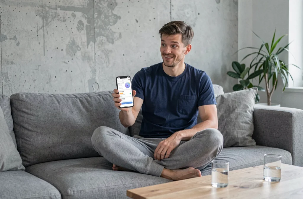 Homme consultant son tableau de bord de récompenses sur smartphone depuis son salon, illustrant comment encaisser ses premiers euros sur swagbugs