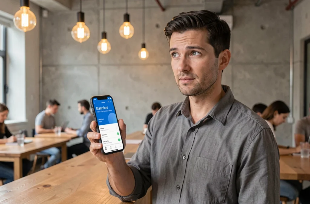 Entrepreneur consultant une application de néobanque dans un espace de coworking moderne