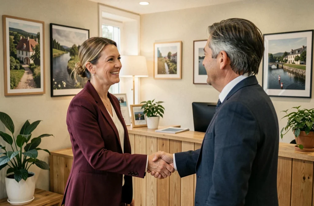 Conseillère d'Essor Conseil accueillant des clients dans le hall d'un cabinet patrimonial en Île-de-France avec décoration régionale chaleureuse