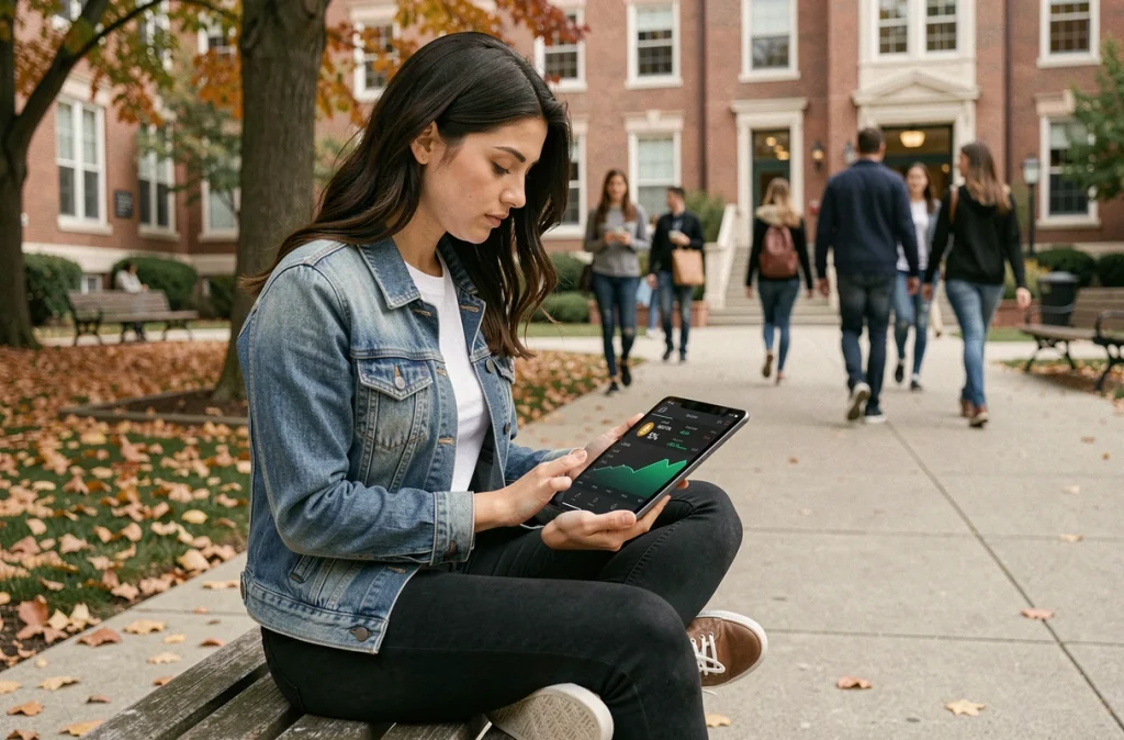Jeune femme consultant son portefeuille de cryptomonnaies sur une tablette dans une cour d'université en automne