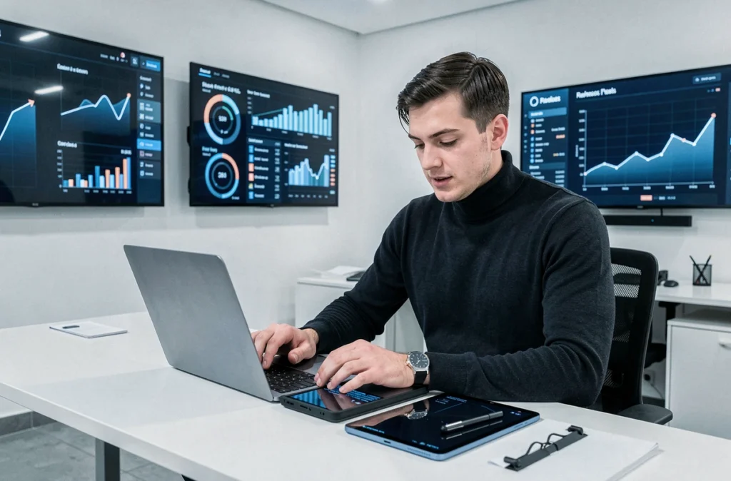 Conseiller digital d'Euodia travaillant simultanément sur tablette et ordinateur dans un bureau connecté et futuriste à Paris avec écrans de données