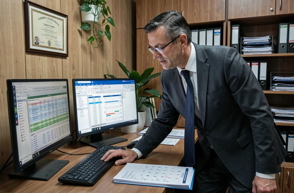 Expert-comptable homme travaillant sur logiciel de bilan comptable avec calendrier des échéances légales 2026